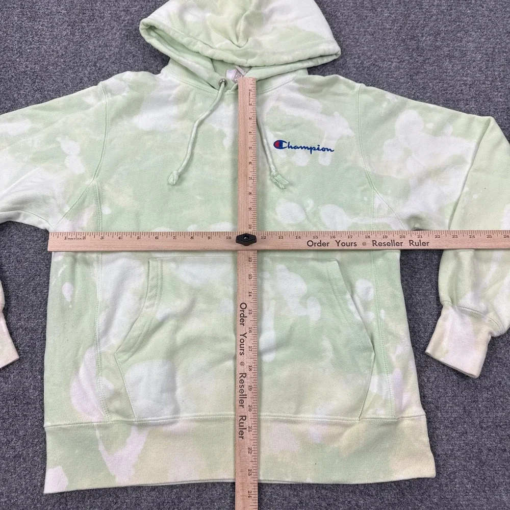 Champion Reverse Weave Hoodie Mens Small Green Bleach Dye Fleece Pullover